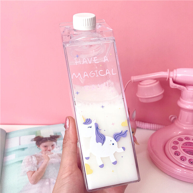 Portable Cup Novelty Milk Carton Shaped Cartoon Unicorn Printed Water Bottle