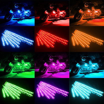 AMBOTHER 8Pcs Motorcycle LED Light Kits Strips DC 12-Volt Waterproof RGB Multi-Color Underglow Neon Ground Effect Atmosphere Lights with Remote and Adhesives Clips
