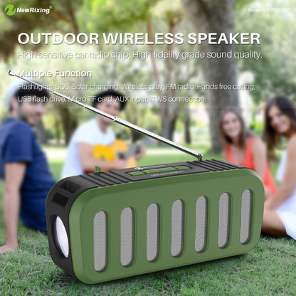 NewRixing NR-2013FMT Wireless bluetooth Speaker Stereo 6W FM Radio TF Card AUX-In Soundbar Solar Charging Flashlight Portable Outdoor Soundbox with Mic