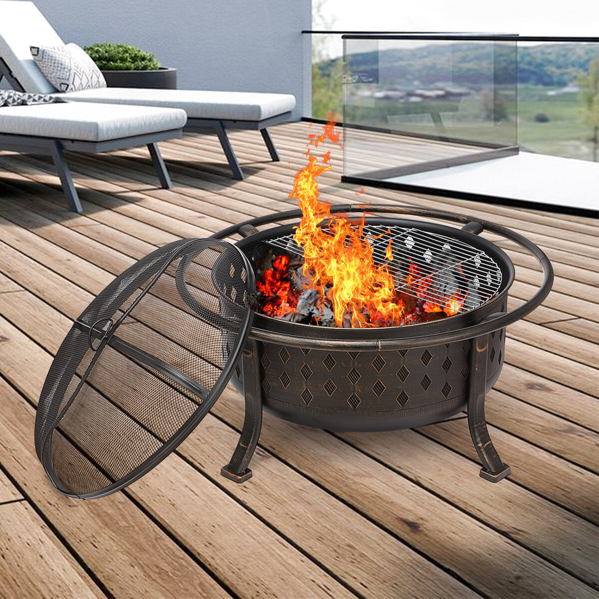 Kingso 36 Inch Fire Pit Bronze Round Steel Wood Burning Firepit with Porker Spark Screen