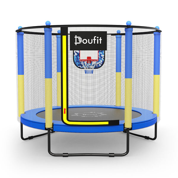 Doufit 5FT Trampoline for Kids 150kg Capacity with Basketball Hoop 60'' Mini Recreational Trampoline with Safety Enclosure Net for Toddler Age 2-5 Outdoor Indoor Family Backyard