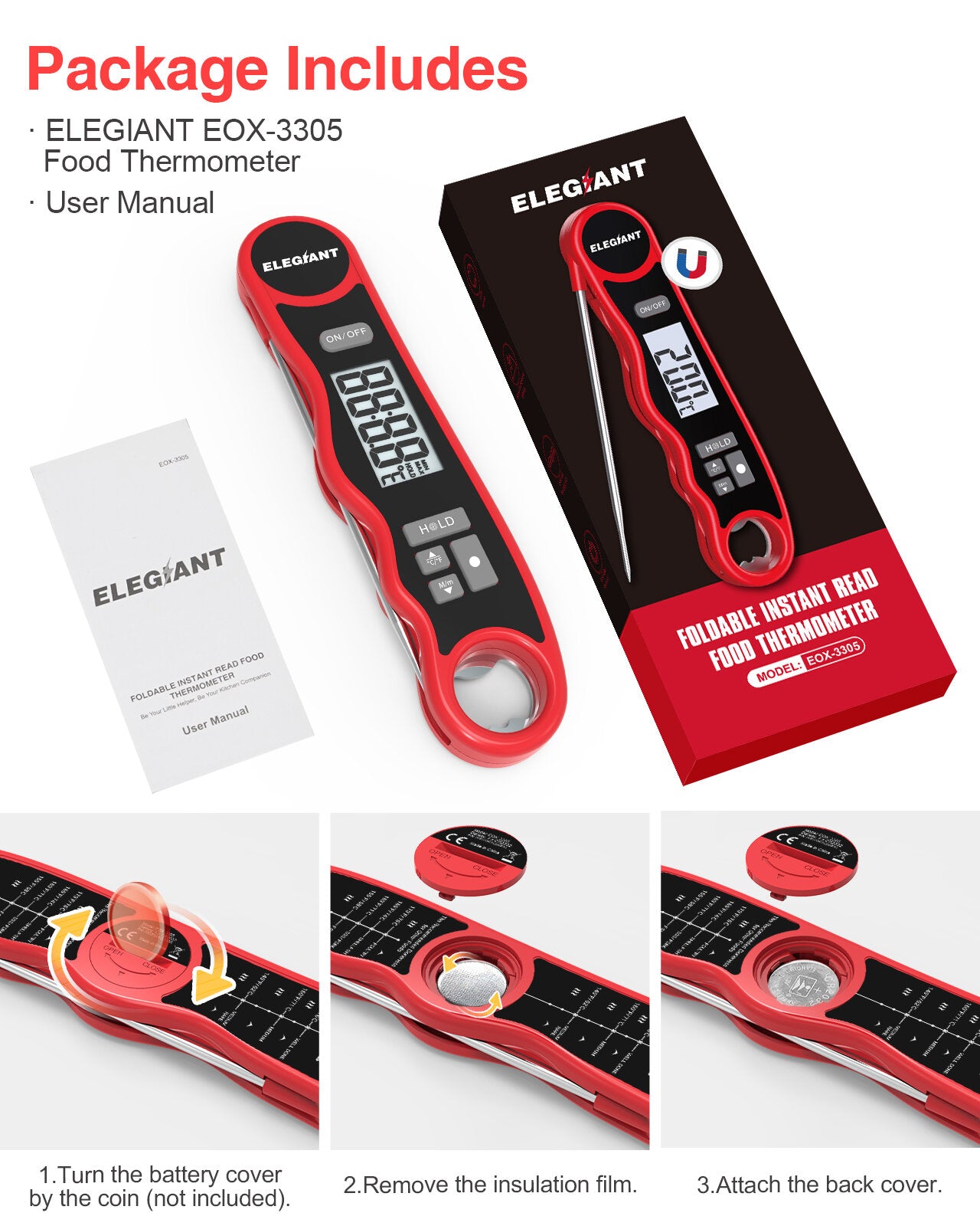 ELEGIANT Meat Thermometer Kitchen Cooking Thermometer Food Thermometer Digital Instant Read Thermometer Barbecue Thermometer Best for Meat Milk Turkey Oil Candy Grill BBQ