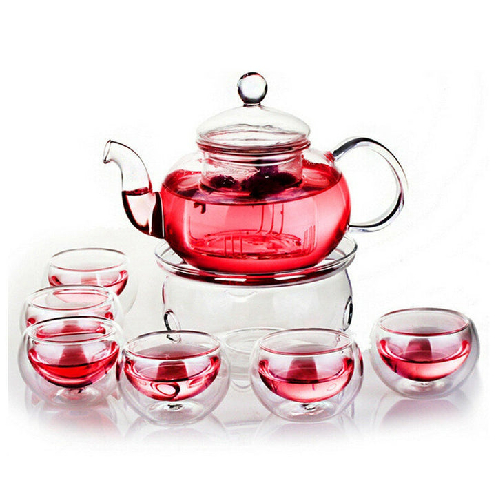 Borosilicate Glass Tea Pot Set Heat-resistant Teapot Warmer 6 Double Wall Tea Cups