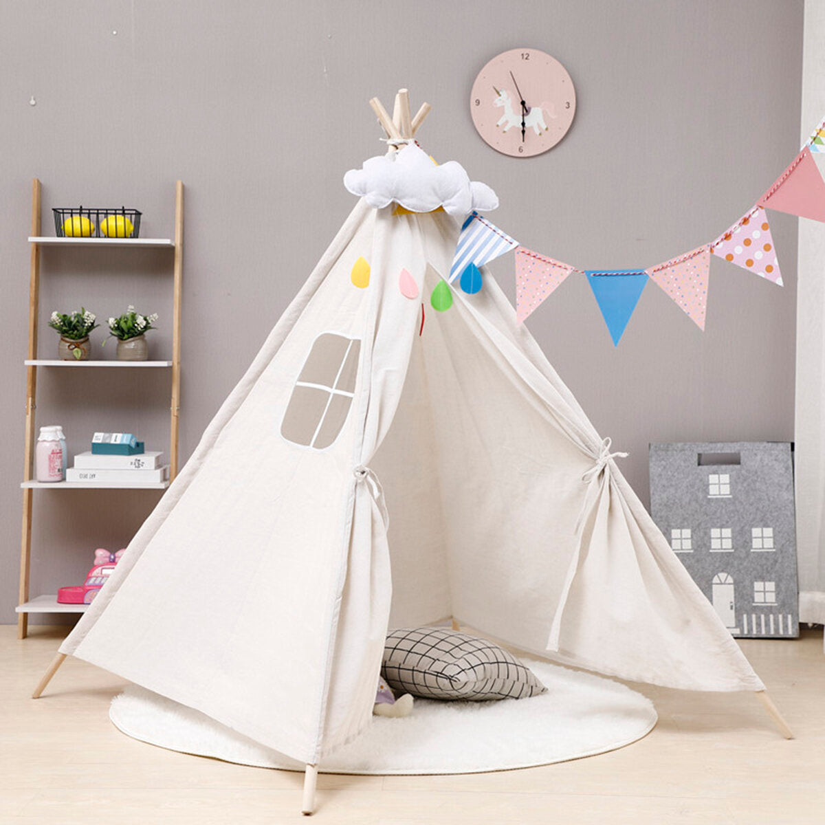 1.6M Large Teepee Tent Kids Cotton Canvas Pretend Play House Boy Girls Wigwam Gift