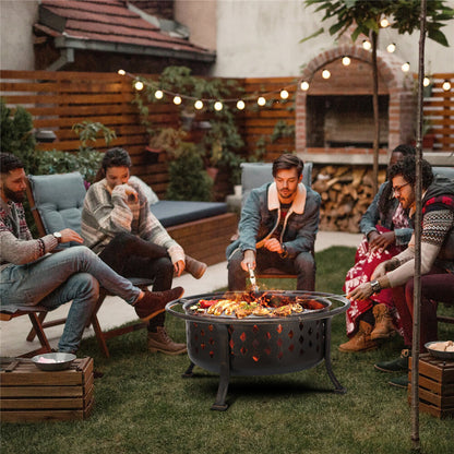 Kingso 36 Inch Fire Pit Bronze Round Steel Wood Burning Firepit with Porker Spark Screen