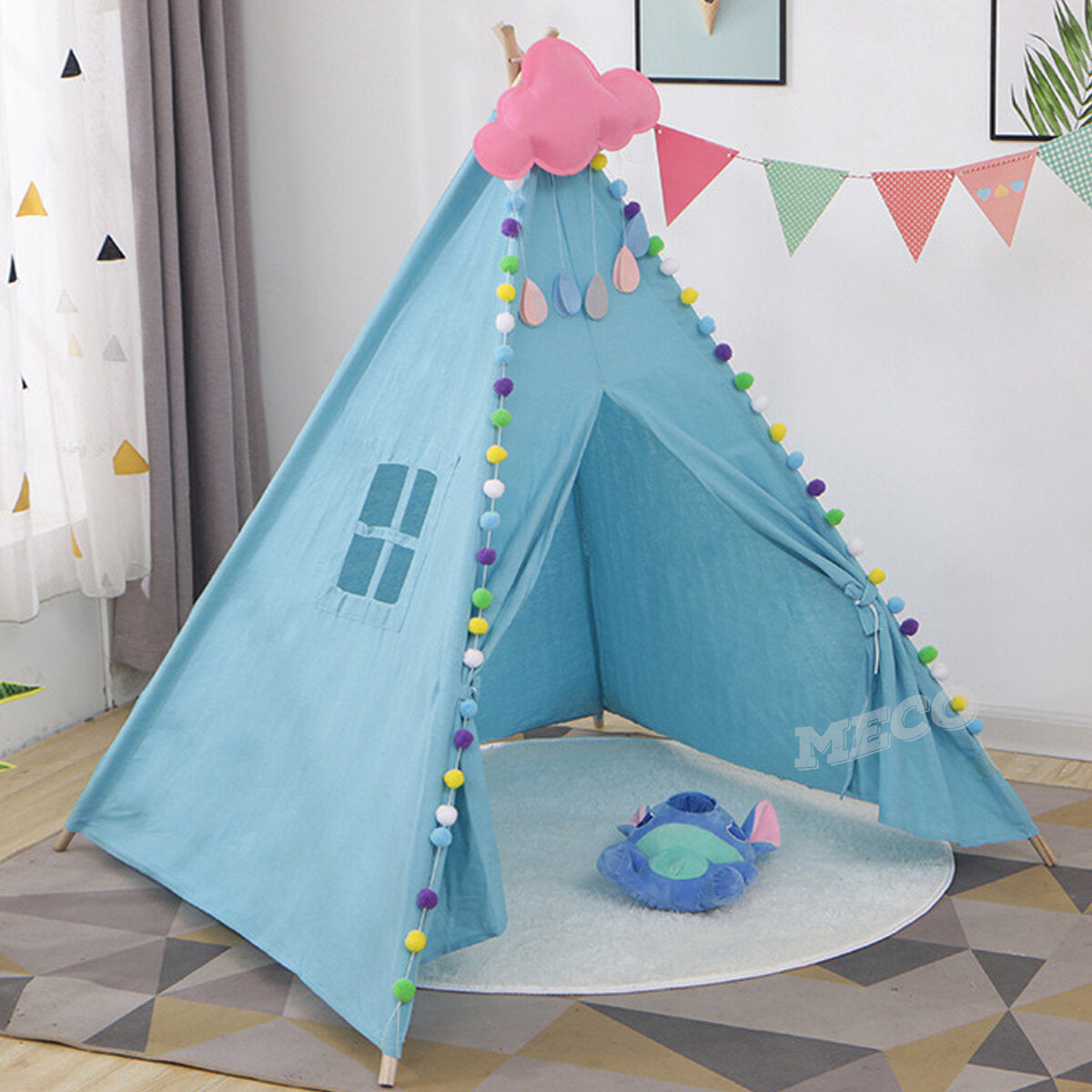 1.6M Large Teepee Tent Kids Cotton Canvas Pretend Play House Boy Girls Wigwam Gift