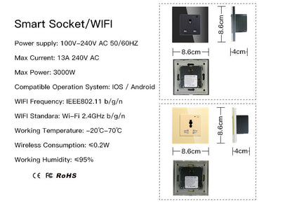 Moeshouse  WiFi Smart Wall Socket Outlet Glass Panel Smart Life/Tuya APP Remote Control EU FR UK AU