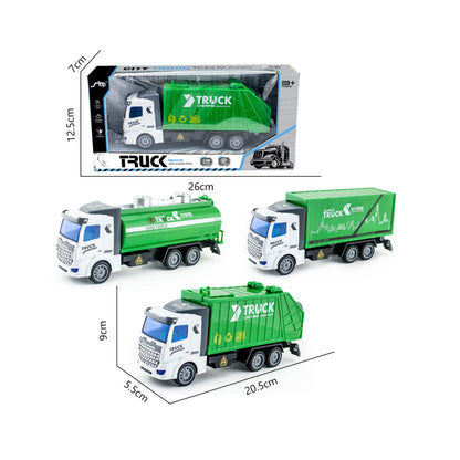 1: 48 Green Sprinkler / Container / Garbage Truck Flat Head Recycling Sanitation Truck Toys
